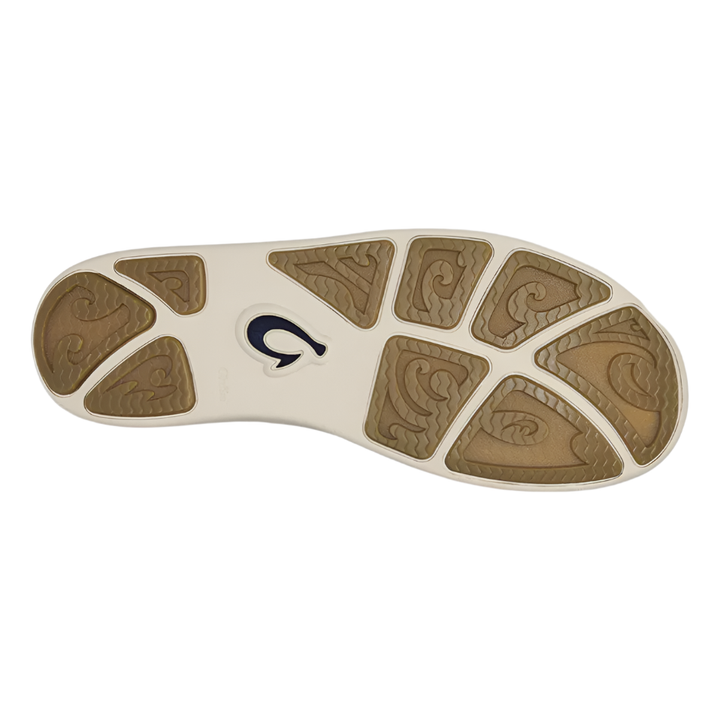 Outsole detail of Olukai Nohea Moku showing rubber traction pads and hook logo