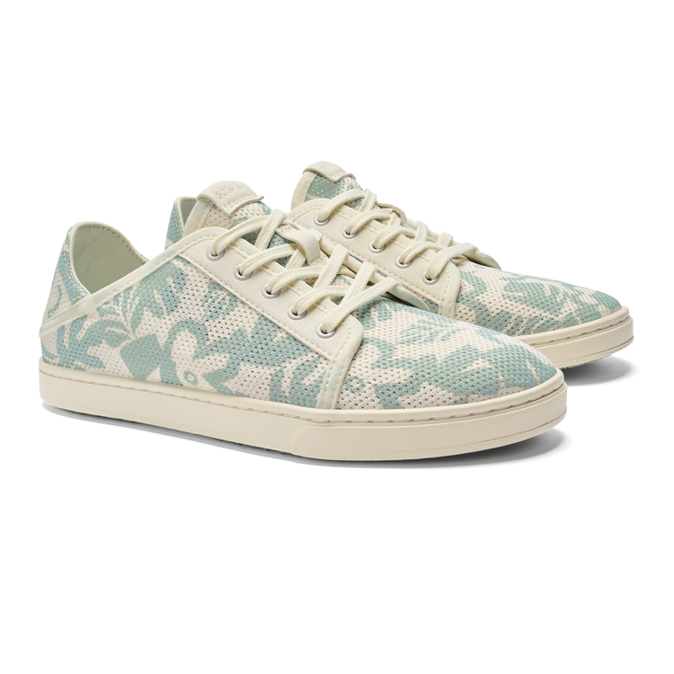 Olukai Pehuea LI off-white mesh sneakers with seafoam green tropical leaf pattern