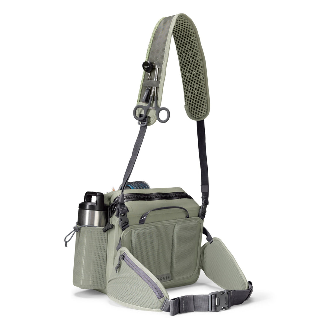 Sage green Orvis PRO waterproof hip pack with side mesh bottle holder and front zippered pocket