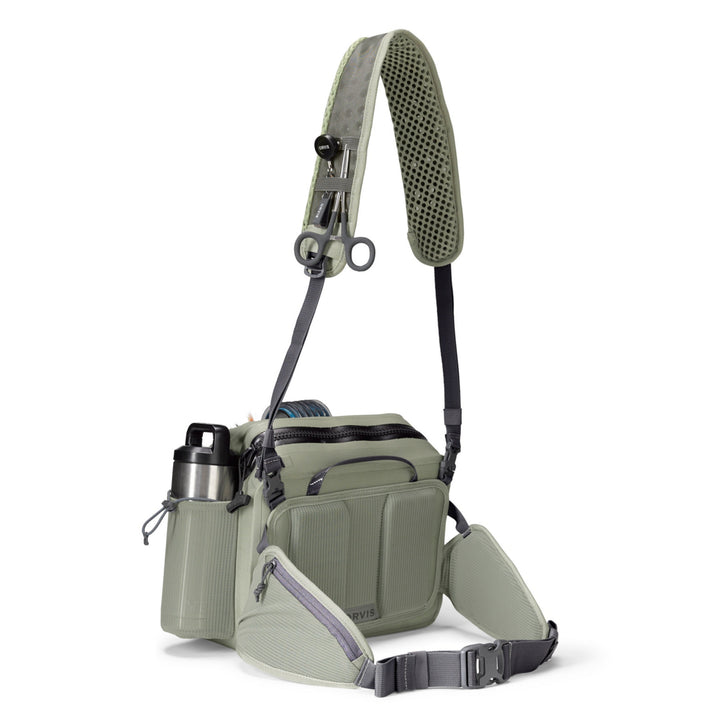 Sage green Orvis PRO waterproof hip pack with side mesh bottle holder and front zippered pocket