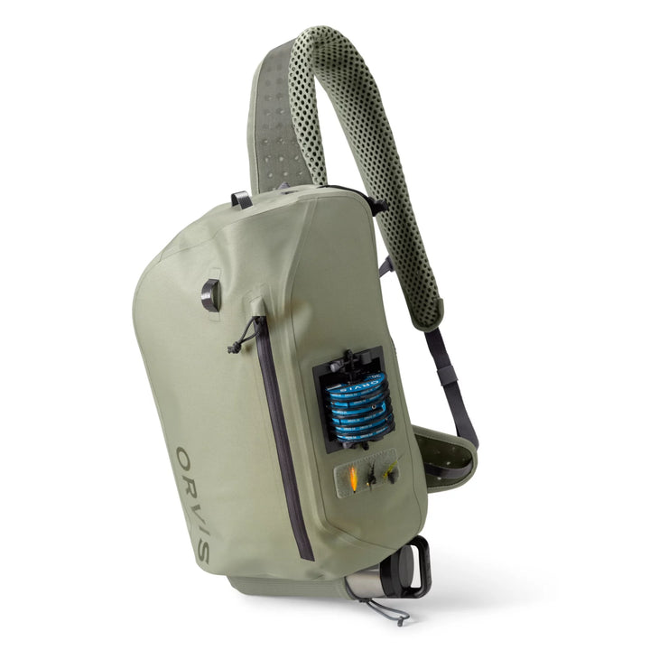 Orvis PRO Waterproof Sling Pack side profile with external organizer pocket
