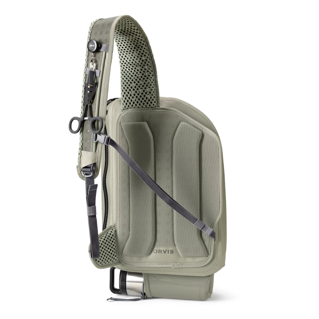 Back view of Orvis sling pack showing padded breathable mesh support panel