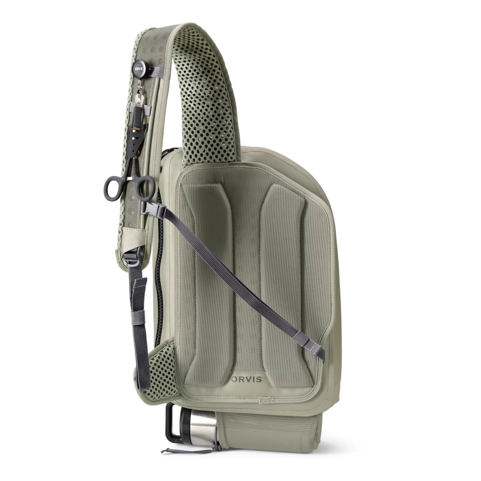 Back view of Orvis sling pack showing padded breathable mesh support panel