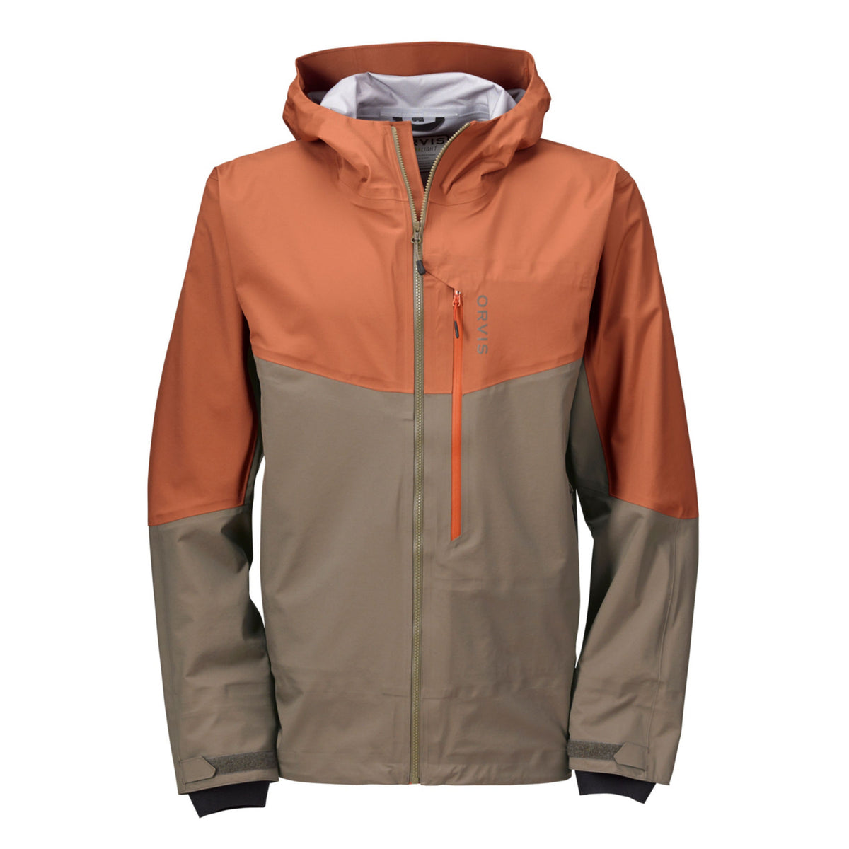 Orvis Ultralight Wading Jacket in rust and taupe with two-way stretch waterproof shell