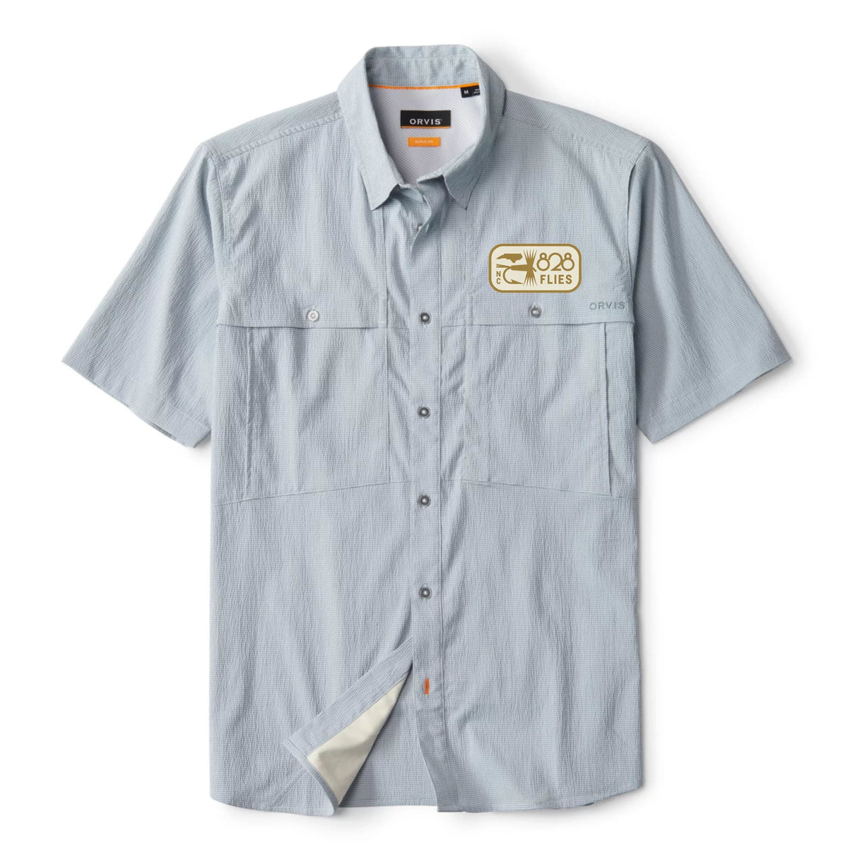 Orvis X 828 Open Air Caster Short Sleeve shirt in light blue with textured waffle fabric and chest pockets