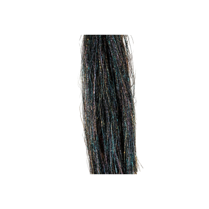 Hareline Polar Flash black glittery fly tying material with teal highlights