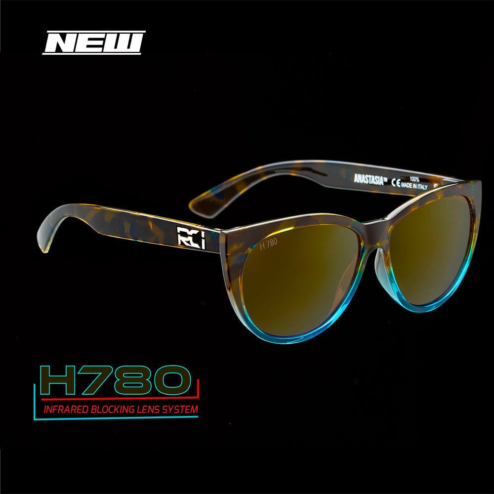 RCI Optics Anastasia sunglasses with tortoise shell frames and copper sunrise gold mirror lenses