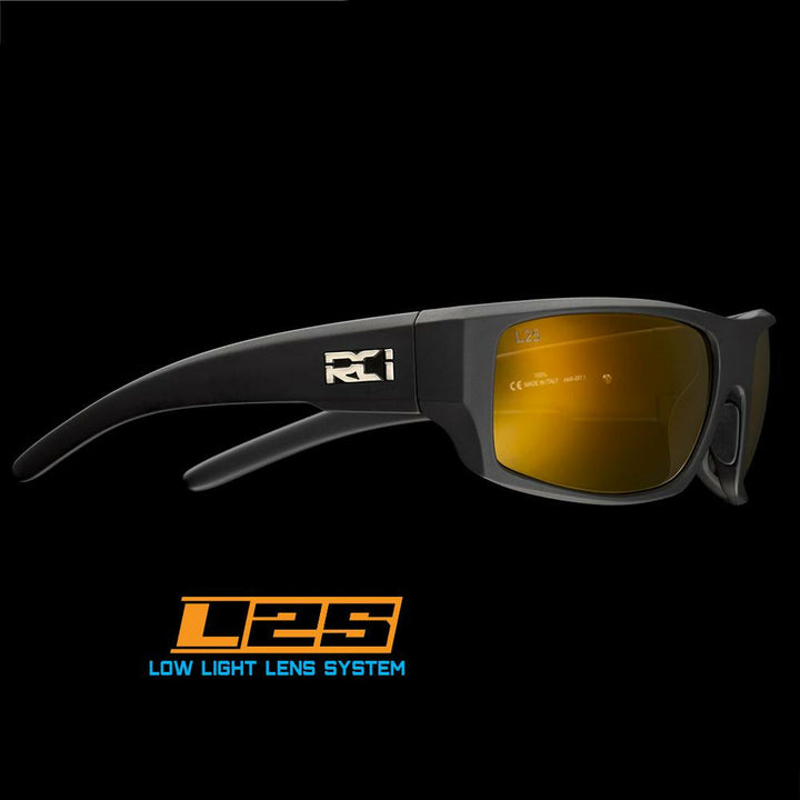 RCI Optics Monster Hole 2.0 sunglasses side view showing L25 low light lens system graphic overlay
