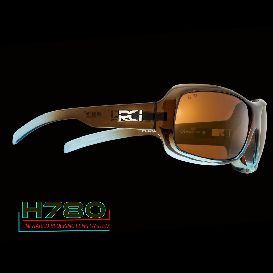 RCI Optics H780 Playalinda sunglasses with hazel marine fade frame and copper sunrise gold mirror lens