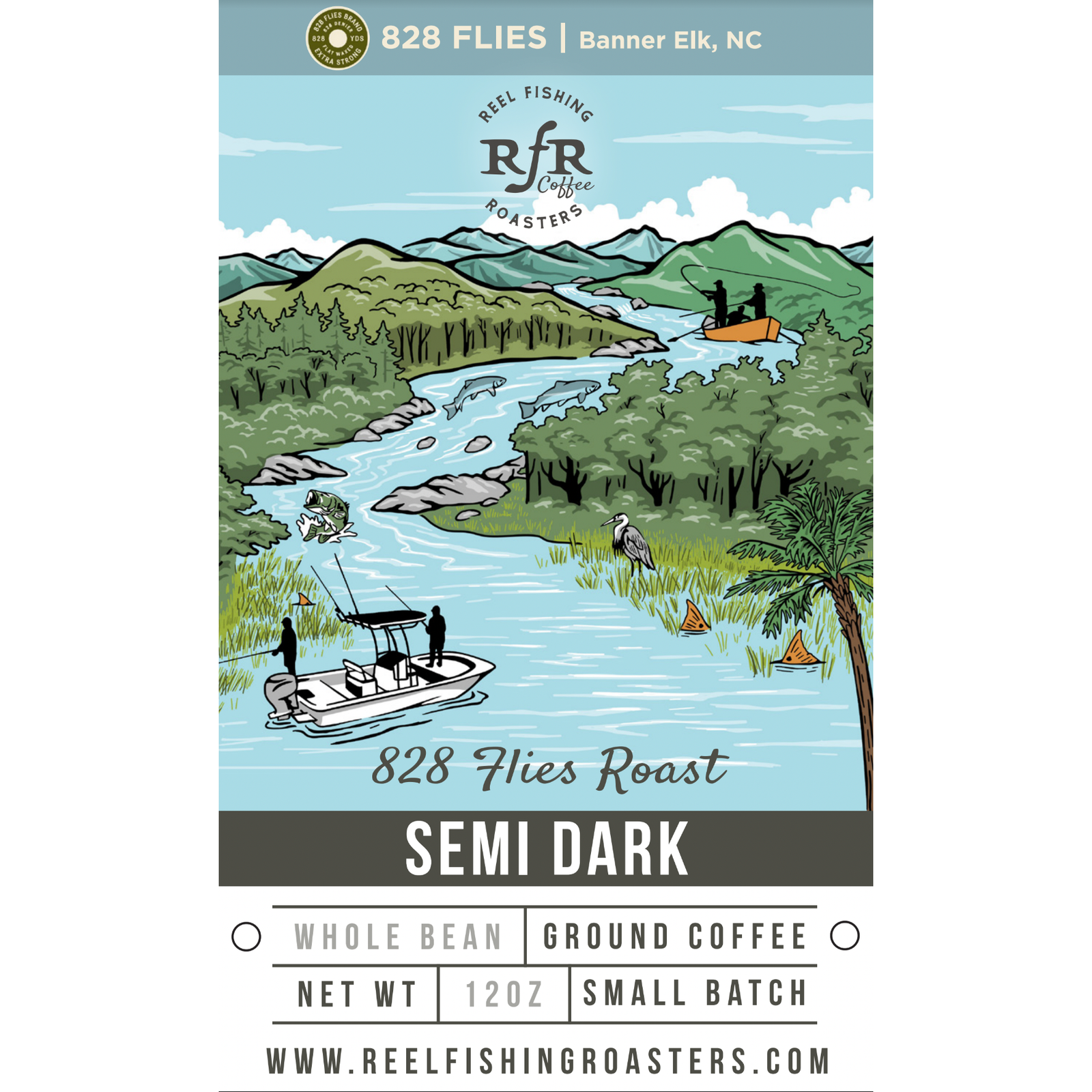 RFR Coffee 828 Flies Roast Semi Dark coffee bag label showing Blue Ridge Mountains landscape