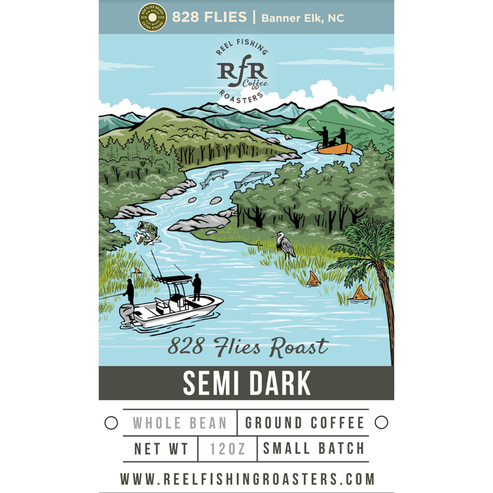 RFR Coffee 828 Flies Roast Semi Dark coffee bag label showing Blue Ridge Mountains landscape