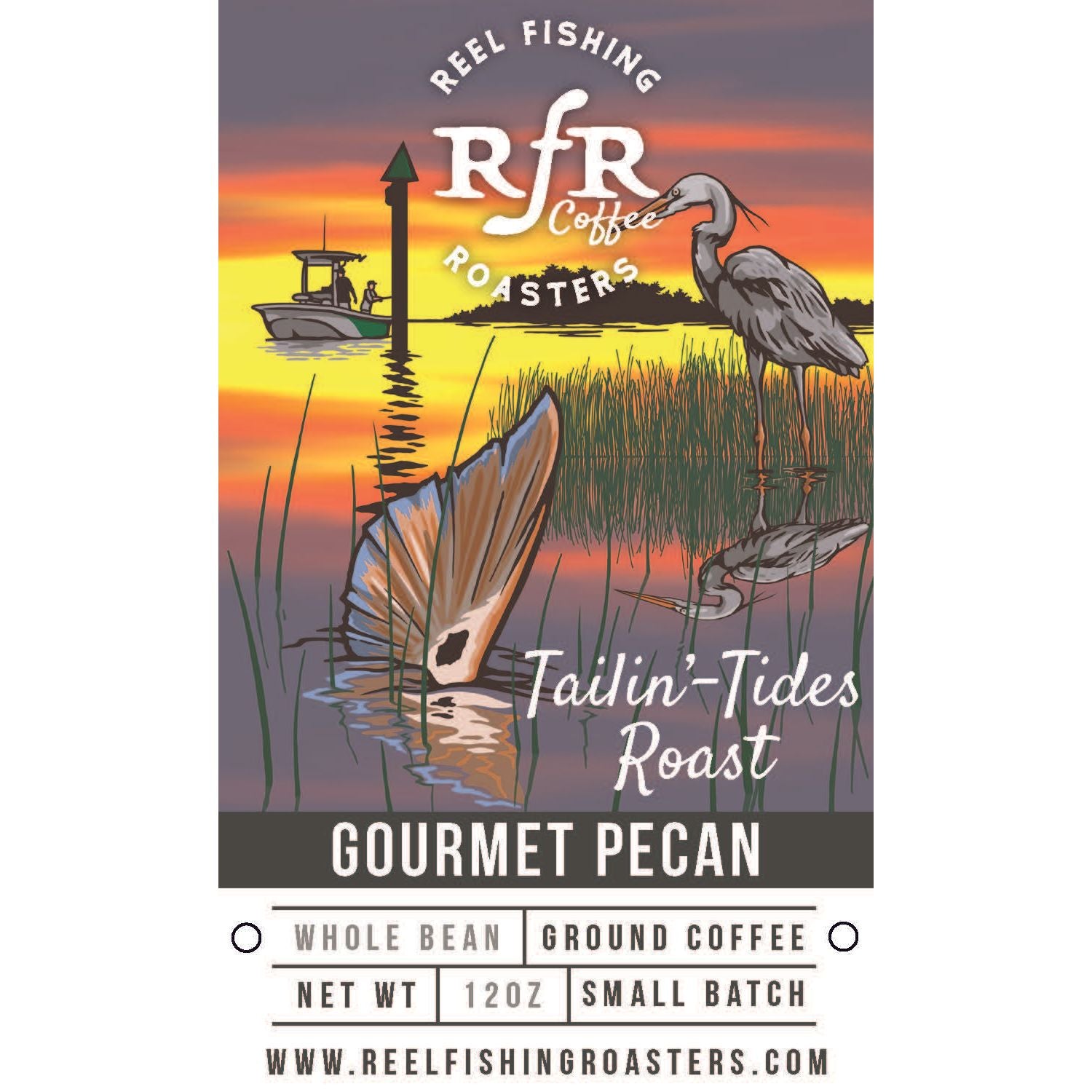 RFR Coffee Tailin’-Tides Roast Gourmet Pecan coffee bag label featuring sunset fishing scene