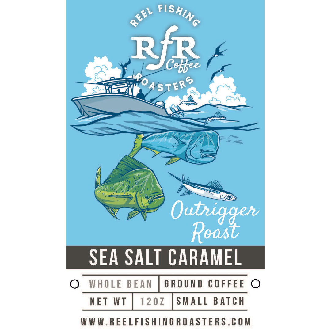 RFR Coffee Outrigger Roast Sea Salt Caramel coffee label with mahi-mahi and boat illustration