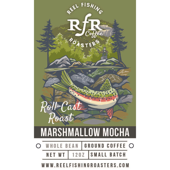 RFR Coffee Roll-Cast Roast Marshmallow Mocha whole bean label with fly fisherman and trout illustration