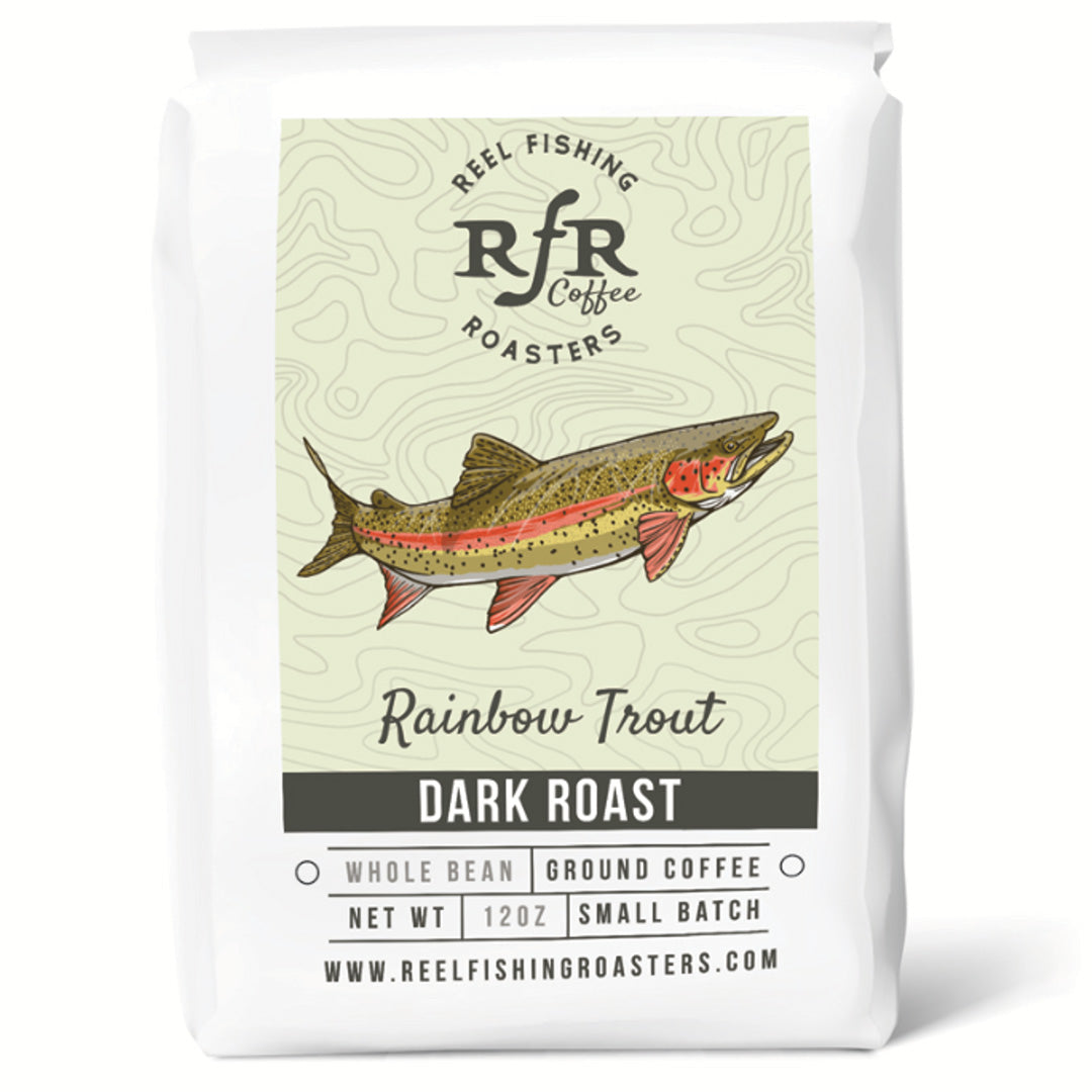 RFR Coffee Rainbow Trout Dark Roast coffee label with detailed rainbow trout side-view drawing