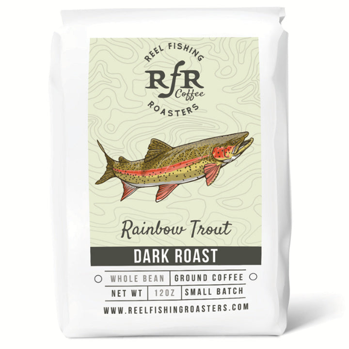 RFR Coffee Rainbow Trout Dark Roast coffee label with detailed rainbow trout side-view drawing