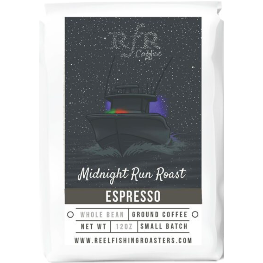RFR Coffee Midnight Run Roast Espresso coffee bag label with night sky and fishing boat illustration