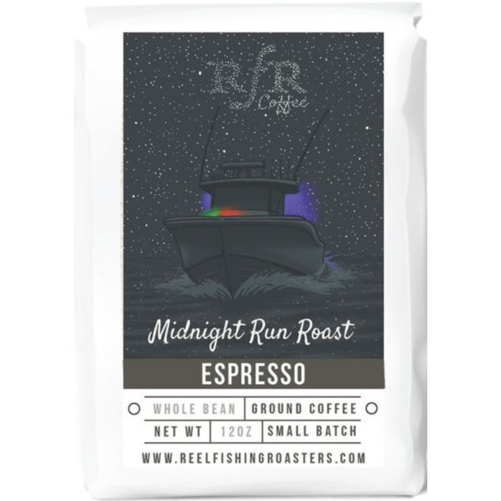 RFR Coffee Midnight Run Roast Espresso coffee bag label with night sky and fishing boat illustration