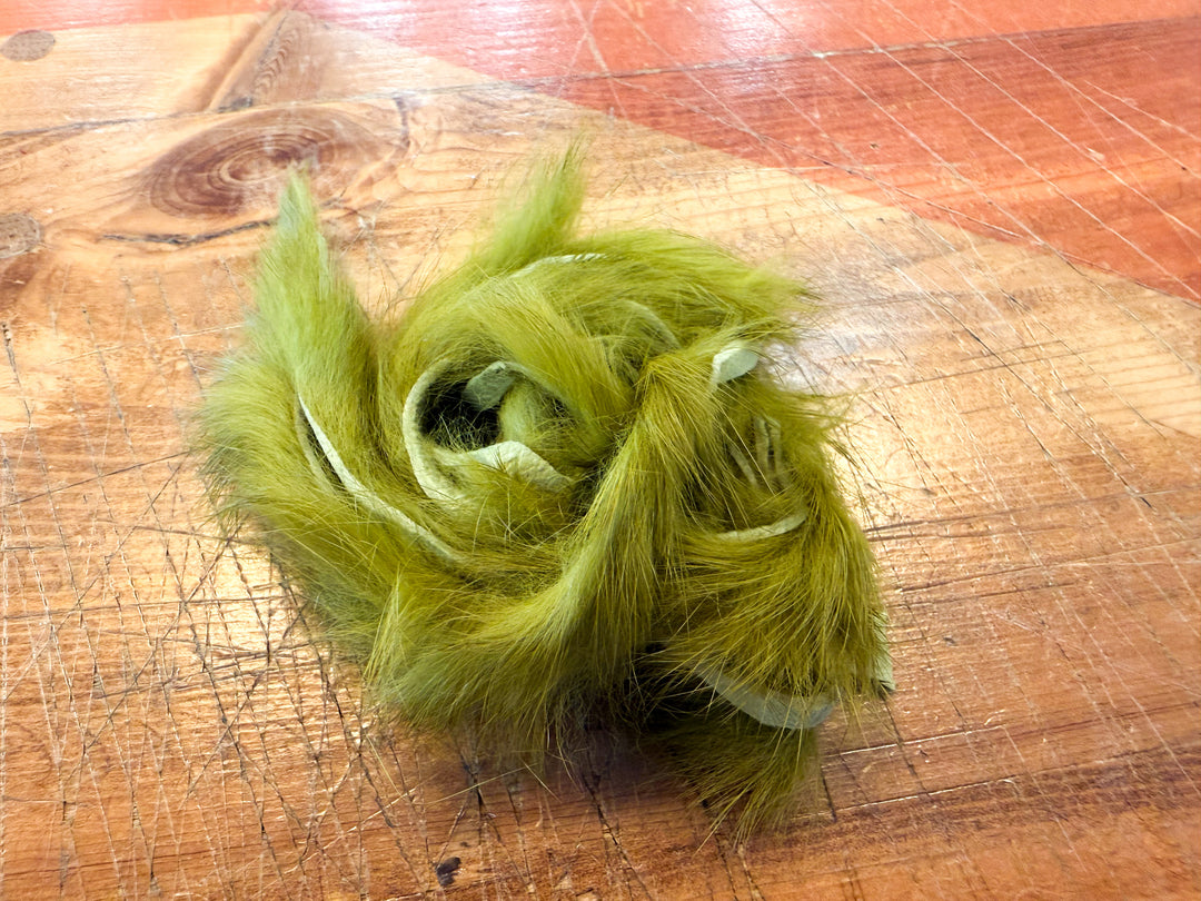 Olive green rabbit fur strips with pale leather backing