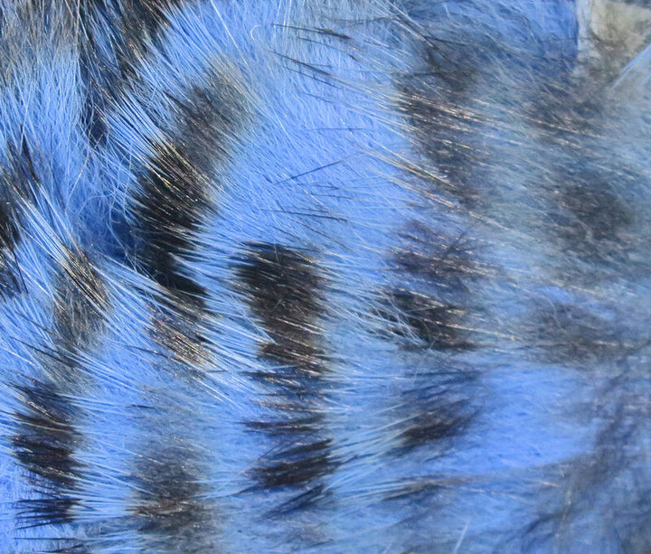 Dyed blue rabbit strip fly tying material with saturated blue fibers and subtle black barring