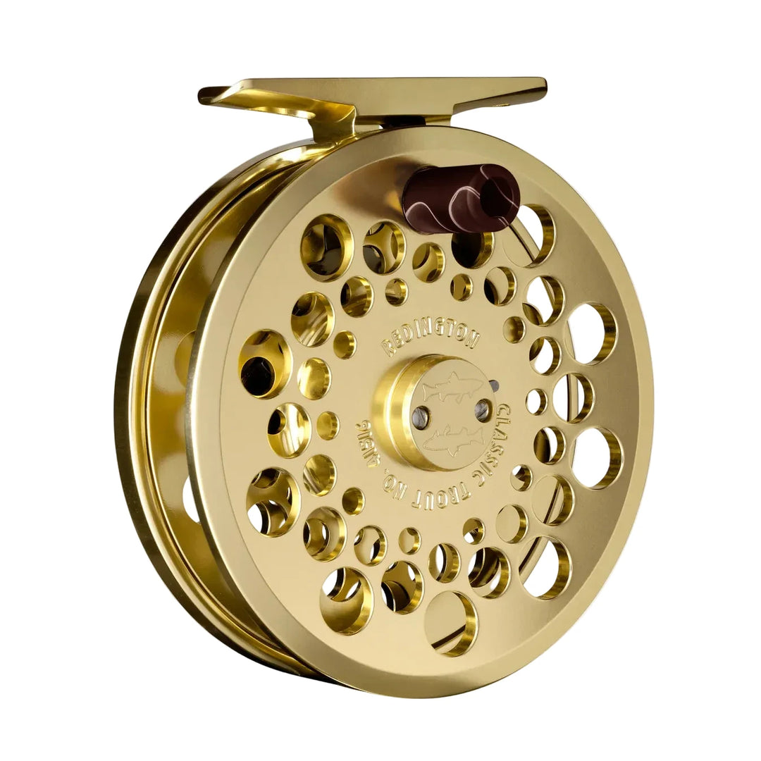 Gold Redington Classic Trout No. 4/4W fly reel with textured brown handle