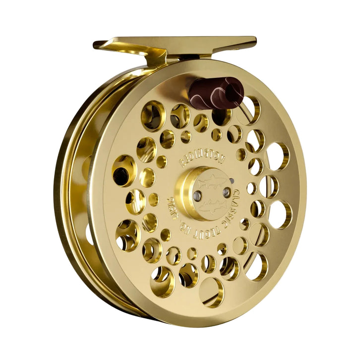 Gold Redington Classic Trout No. 4/4W fly reel with textured brown handle