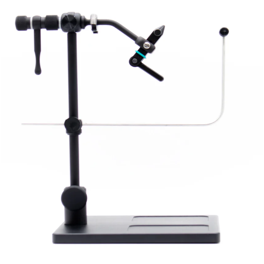 Renzetti Traveler black fly tying vise with 6x6 pedestal base and turquoise O-ring