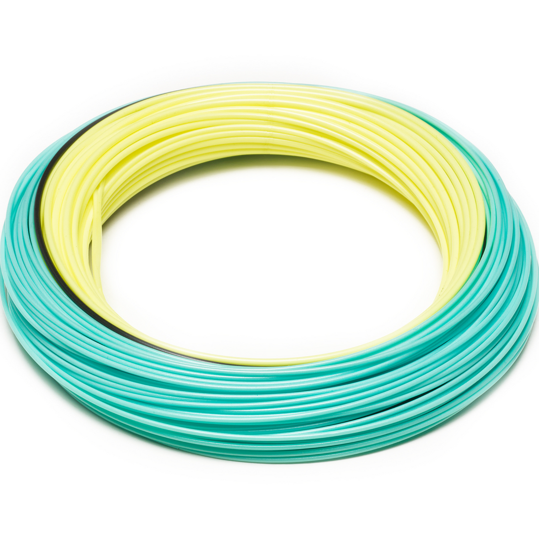 Rio Elite Bonefish fly line coil in aqua, yellow, and black colors
