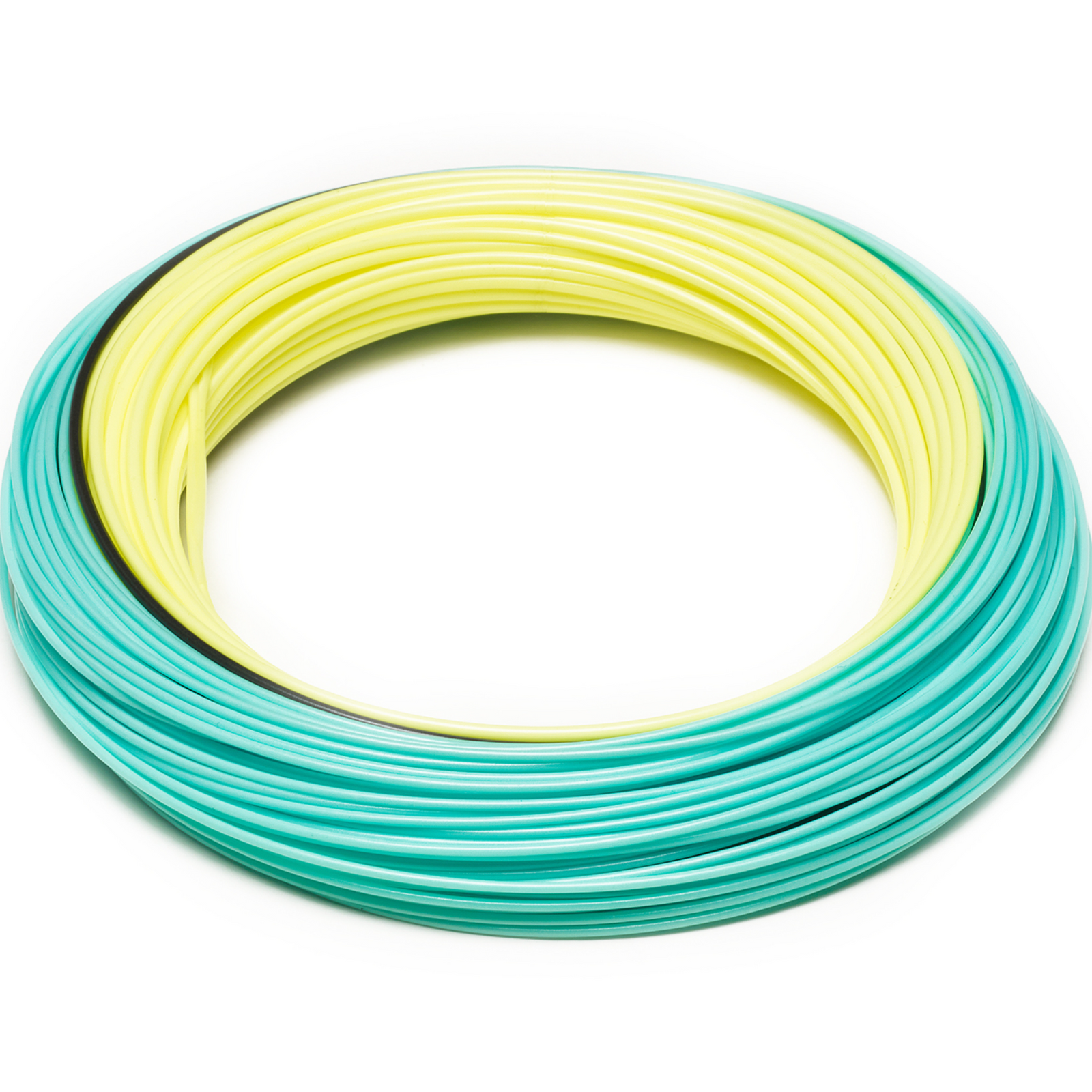 Rio Elite Bonefish fly line coil in aqua, yellow, and black colors