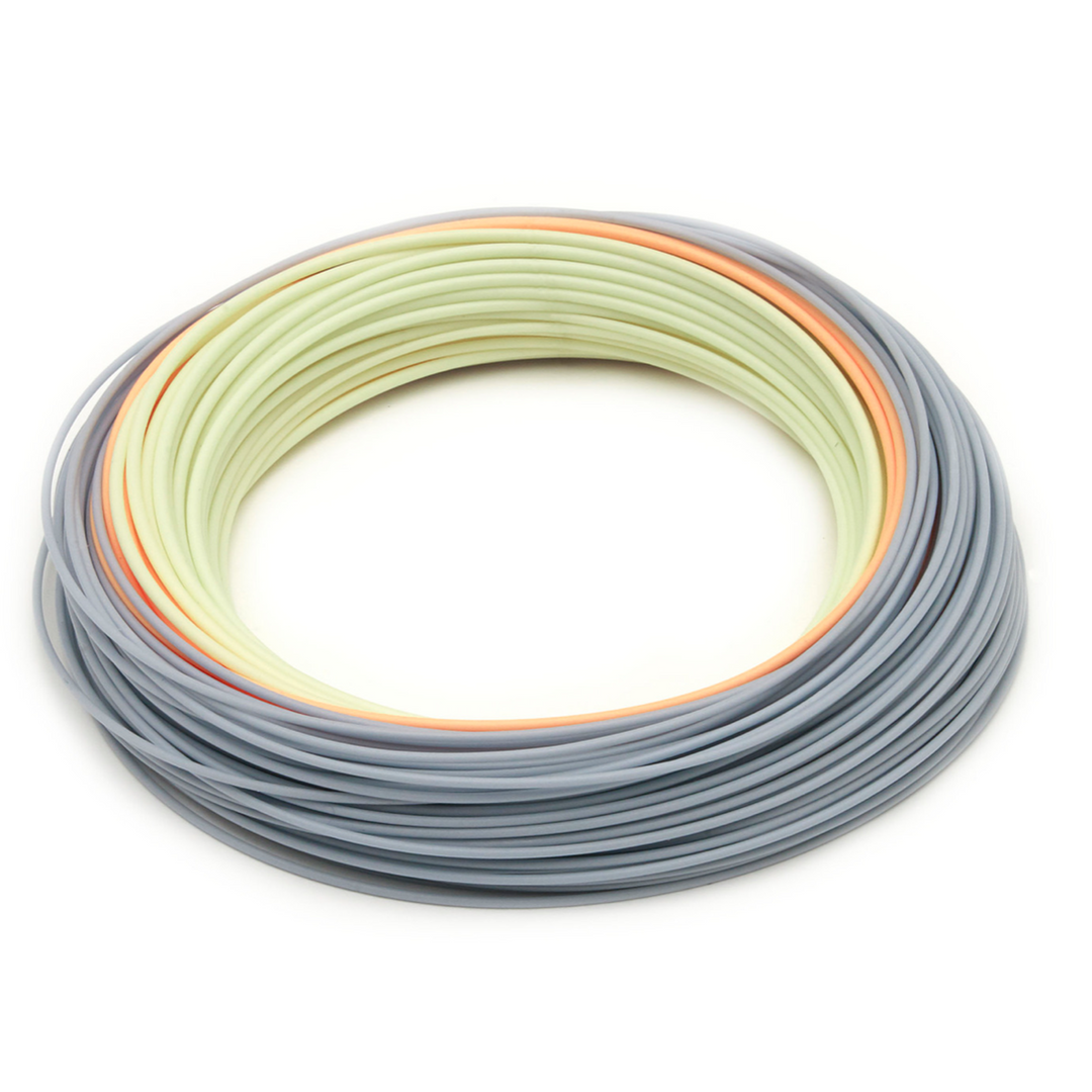 Coiled Rio Elite Bonefish fly line in light gray and orange tricolor
