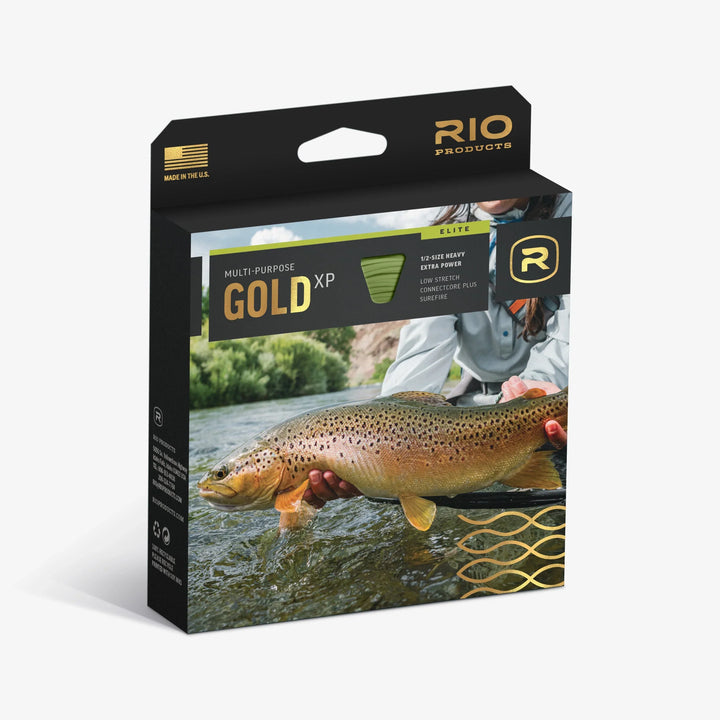 Rio Elite Gold XP fly line box packaging with gold branding and trout image