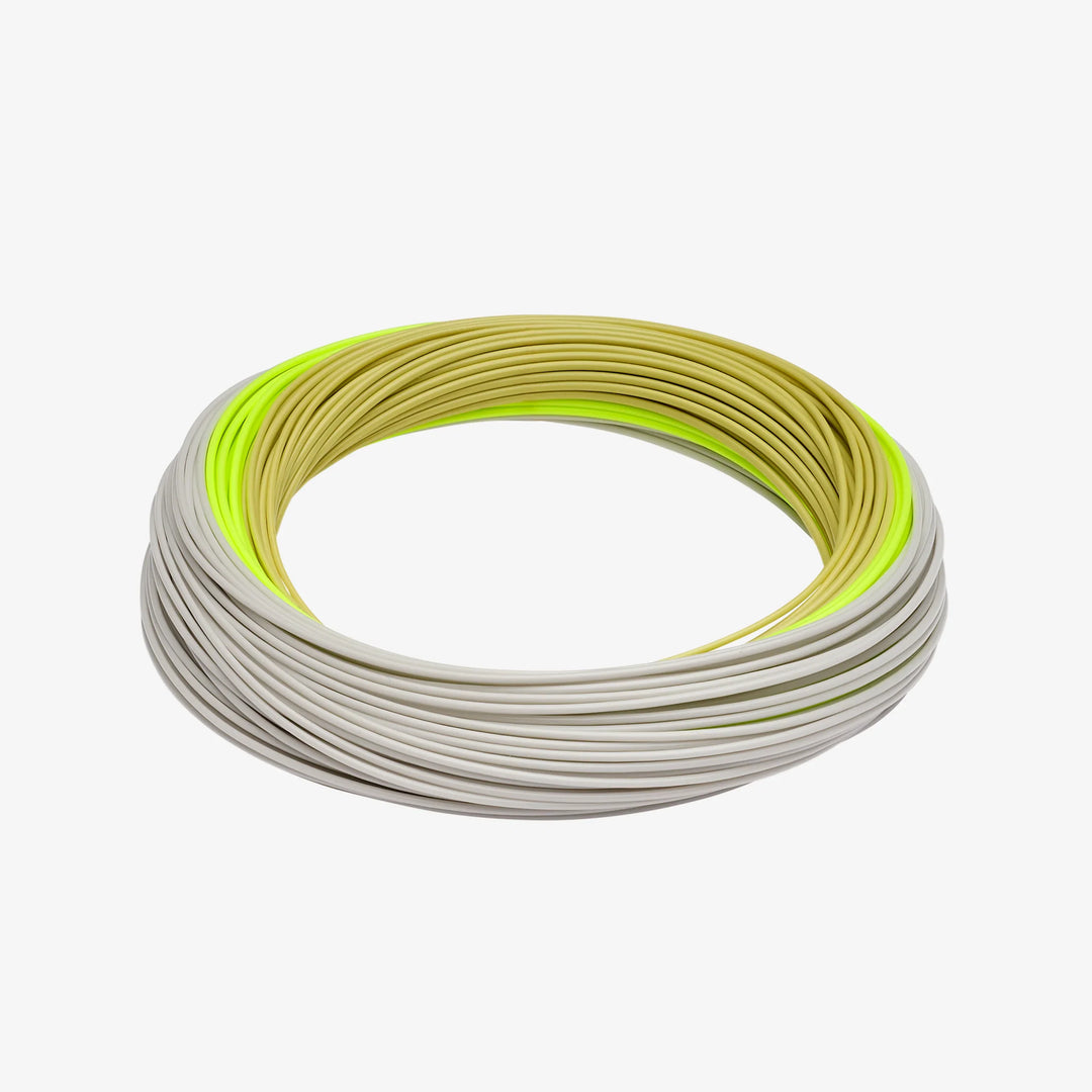 Rio Elite Gold XP fly line coiled showing neon yellow and grey running line