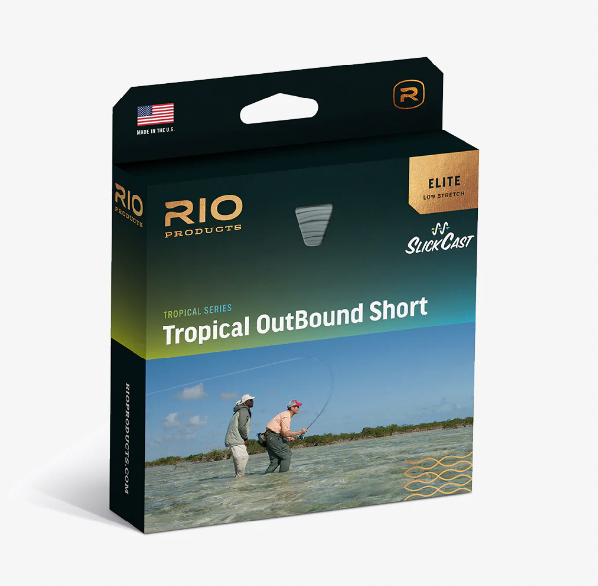 Rio Elite Tropical OutBound Short fly line packaging showing Made in USA branding and wading scene
