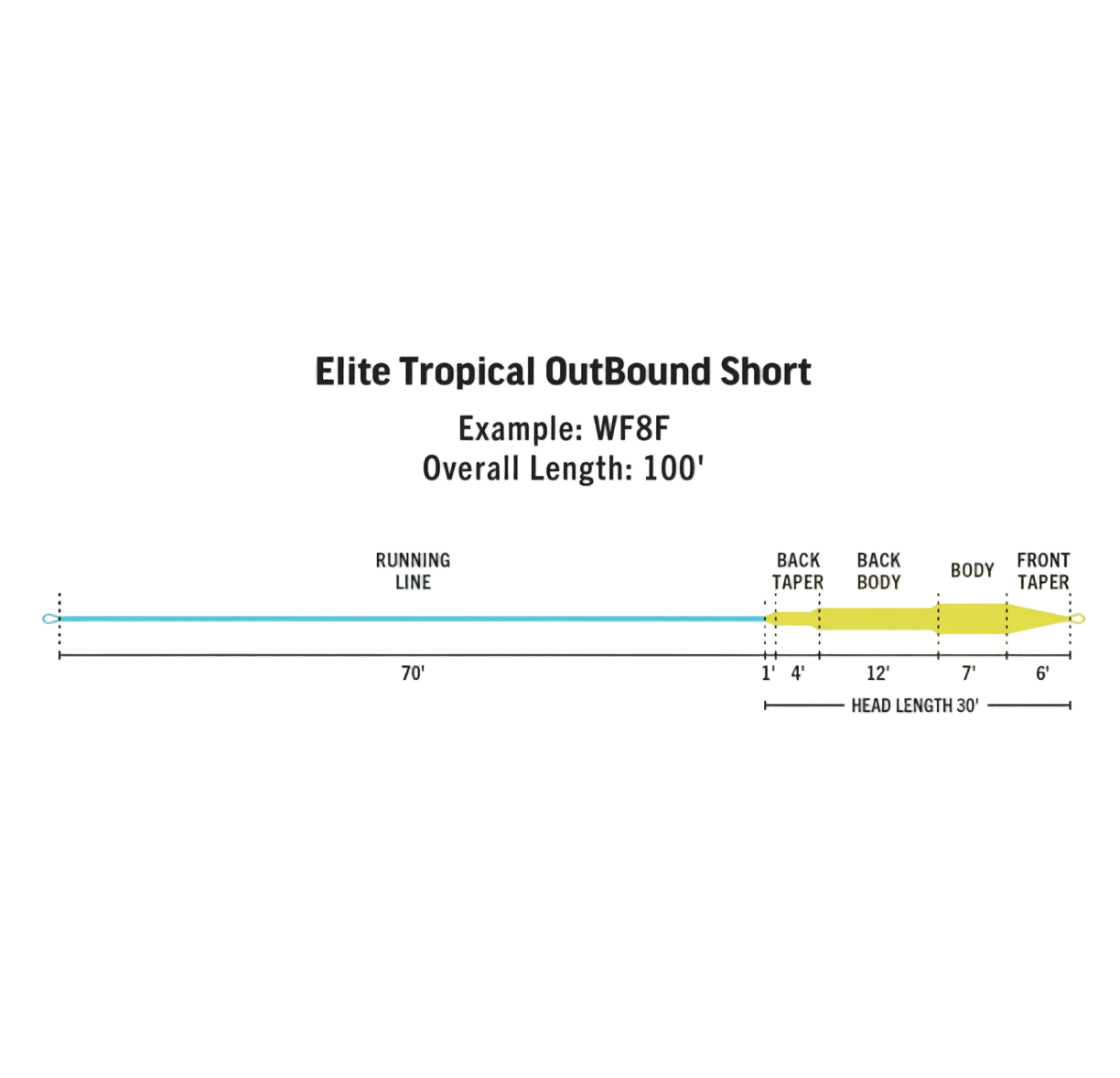 Technical diagram of Rio Elite Tropical OutBound Short fly line head taper and running line measurements