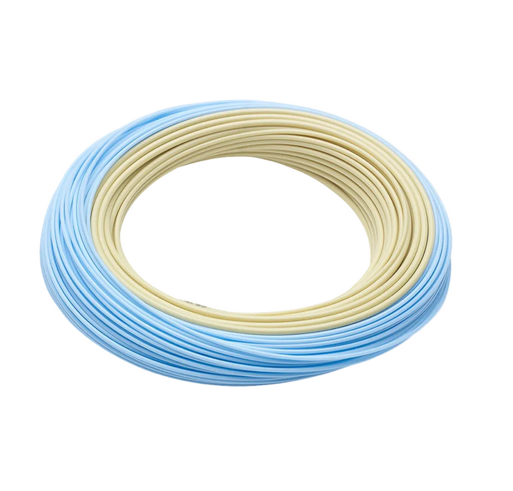 Rio Elite Tropical Outbound Short fly line in Dark Sand and Blue, coiled to show smooth SlickCast coating