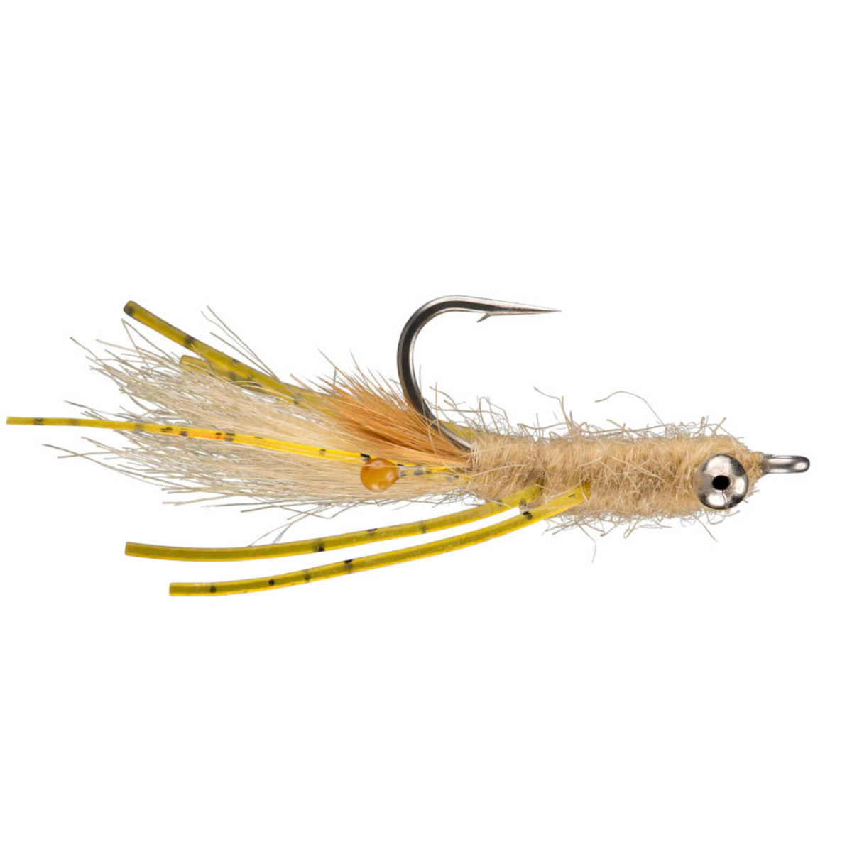 Rio Mantis Shrimp tan fly fishing lure with yellow spotted legs and silver bead head