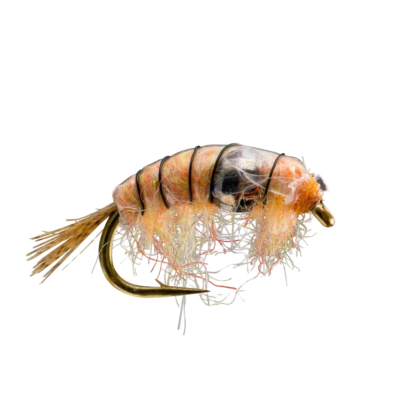 Rio Midweight Scud fly with black tungsten bead and orange-pink body