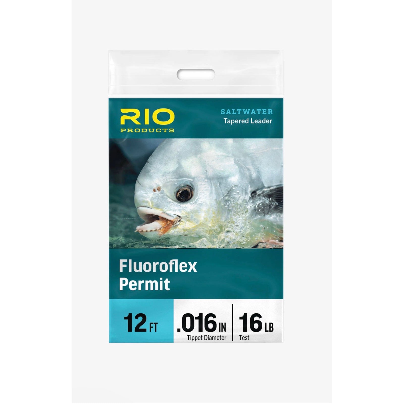 Rio Fluoroflex Permit tapered leader packaging showing 12ft fluorocarbon fishing line with permit fish image