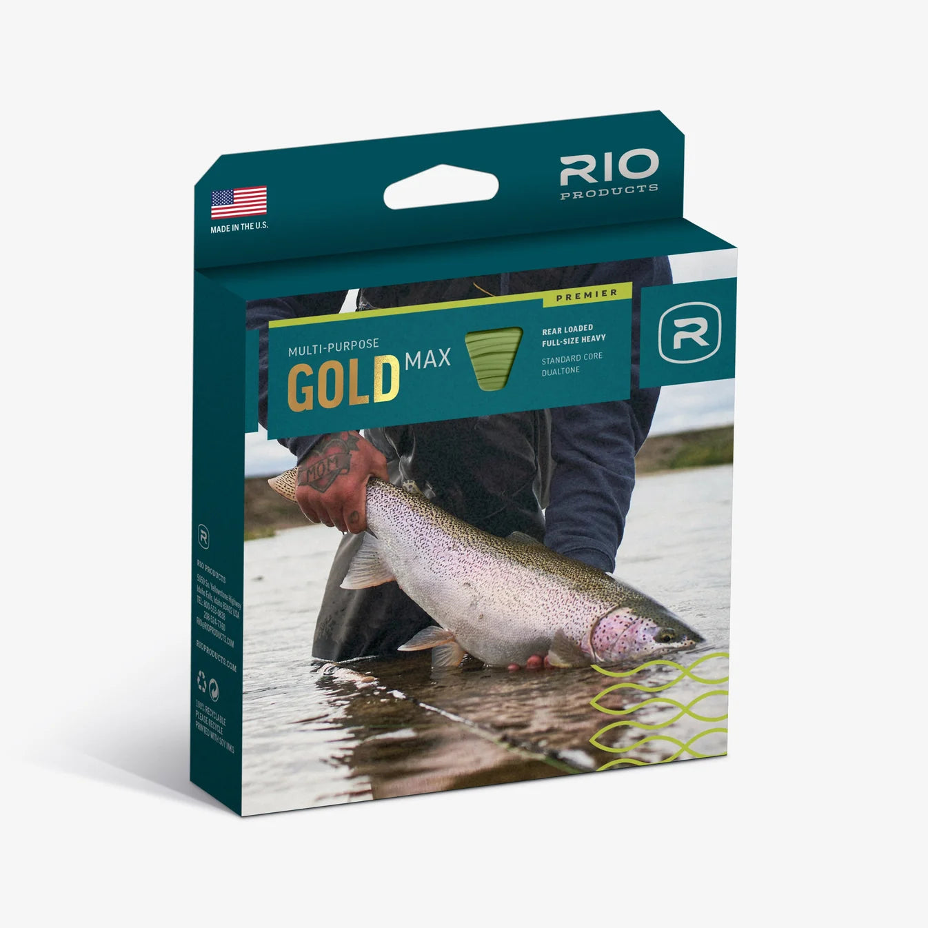 Rio Premier Gold Max fly line packaging box featuring trout photo and product specifications