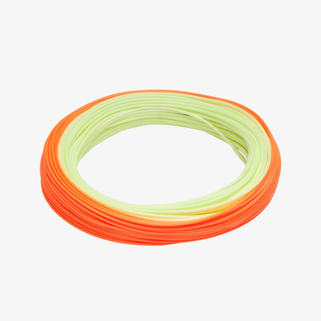 Coiled Rio Premier Gold Max dual-tone fly line with orange outer and lime green inner sections
