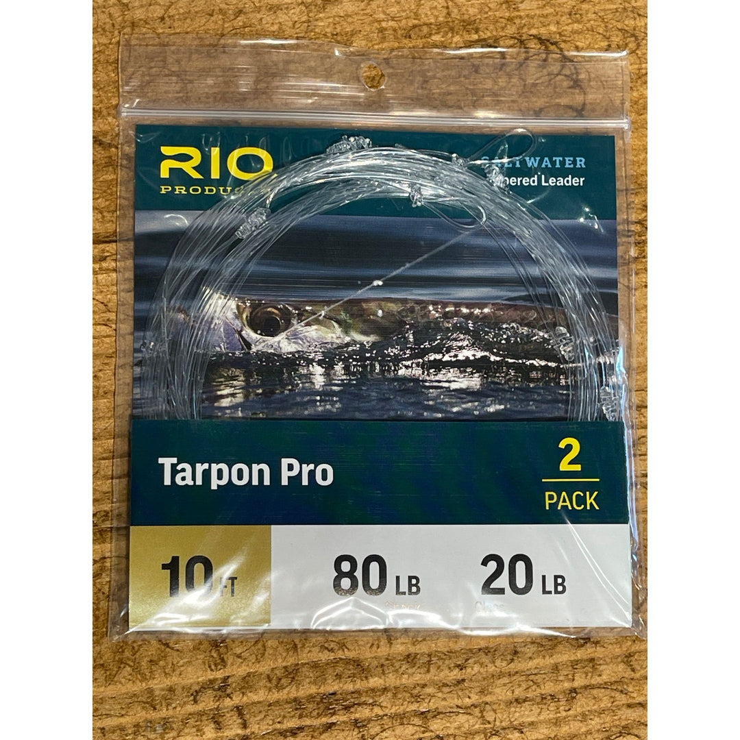 Rio Tarpon Pro 20lb Class leader package with 80lb fluorocarbon shock tippet on wood