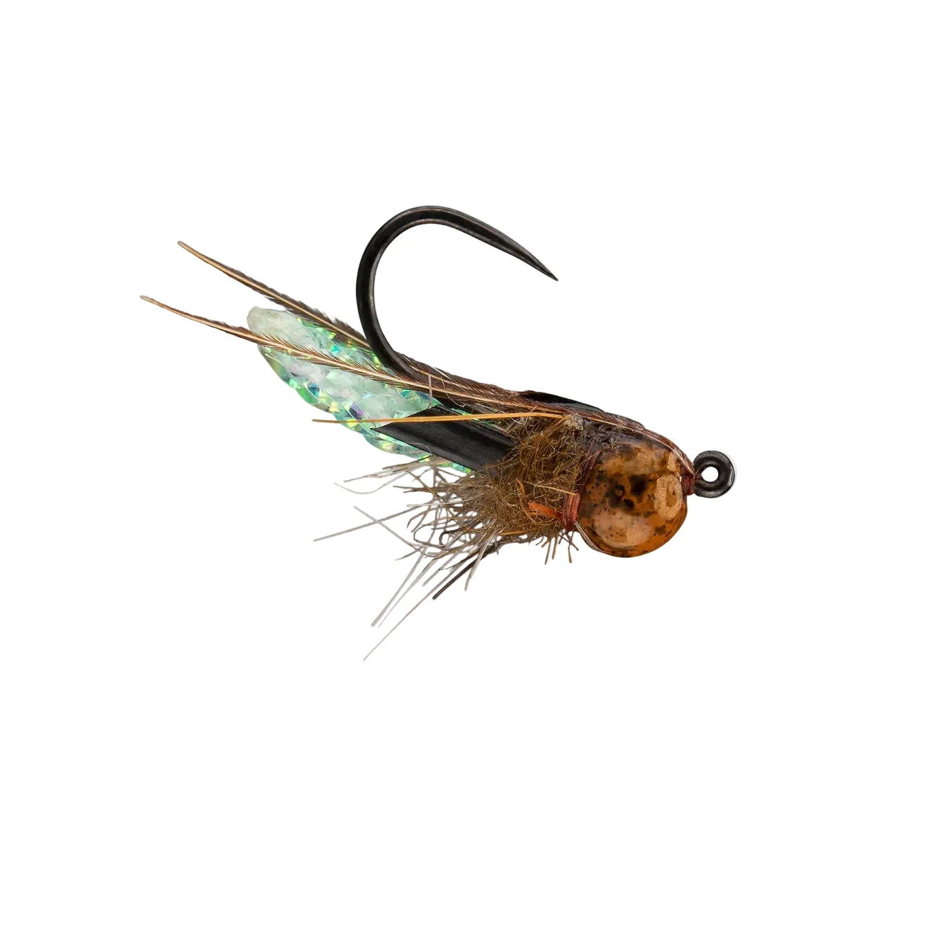 Rio Puparazzi TB caddis larva fly with holographic wings and amber head