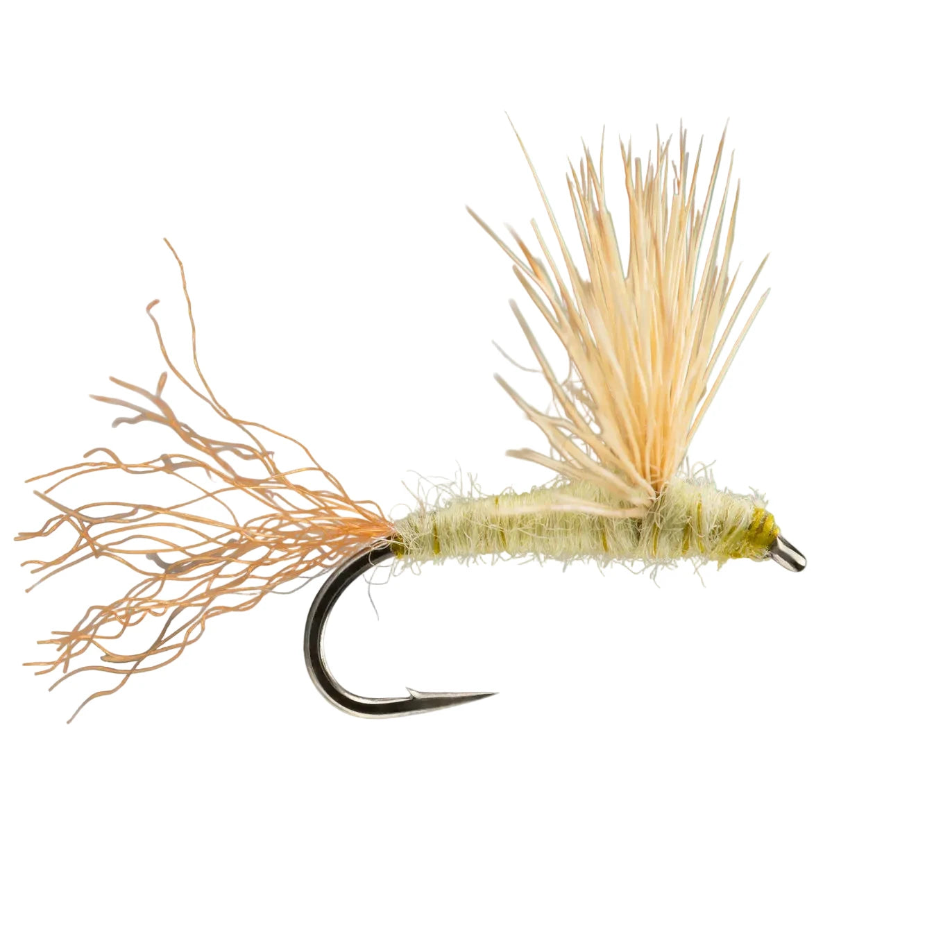 Rio Sparkle Dun dry fly with fanned elk wing and pale yellow body