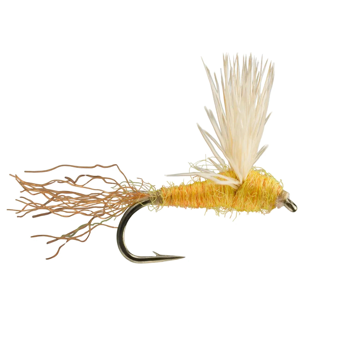 Gold glitter Rio Sparkle Dun mayfly imitation with upright tan wing