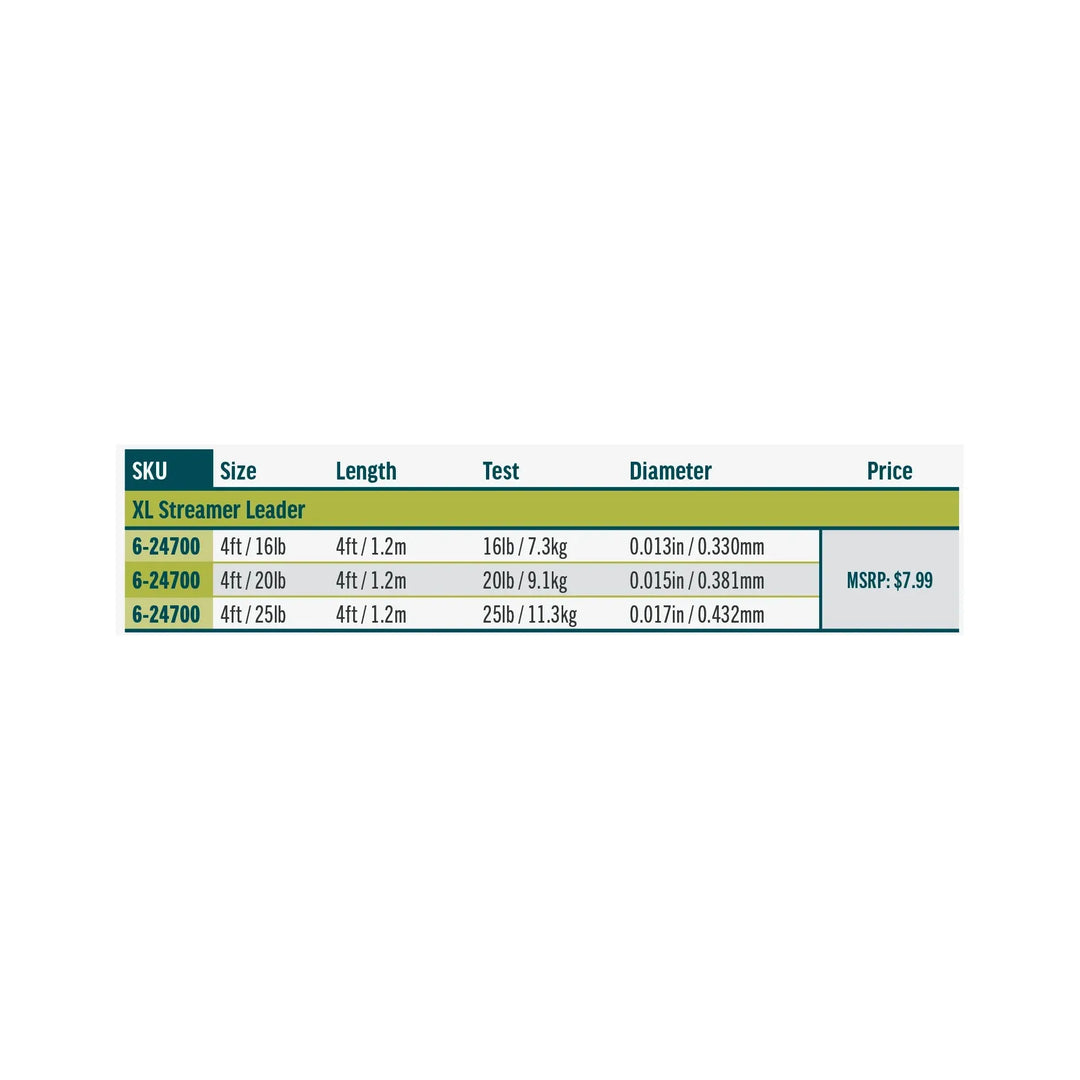 XL Streamer Leader size chart displaying 4ft lengths with 16lb, 20lb, and 25lb test options