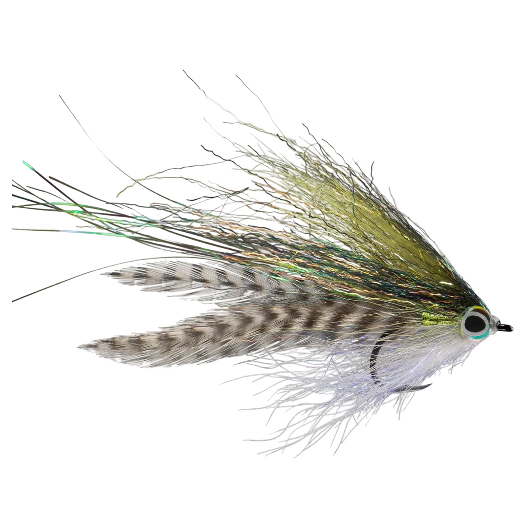 Rio Playbait 2/0 olive fly with white fibers and barred feather wings
