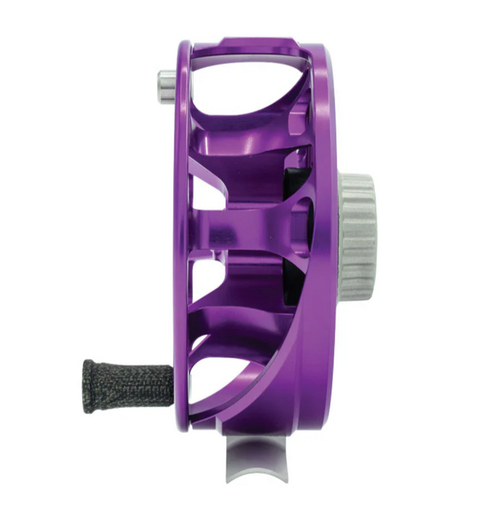 Ross Cimarron purple fly reel side view with platinum accents and open-frame design