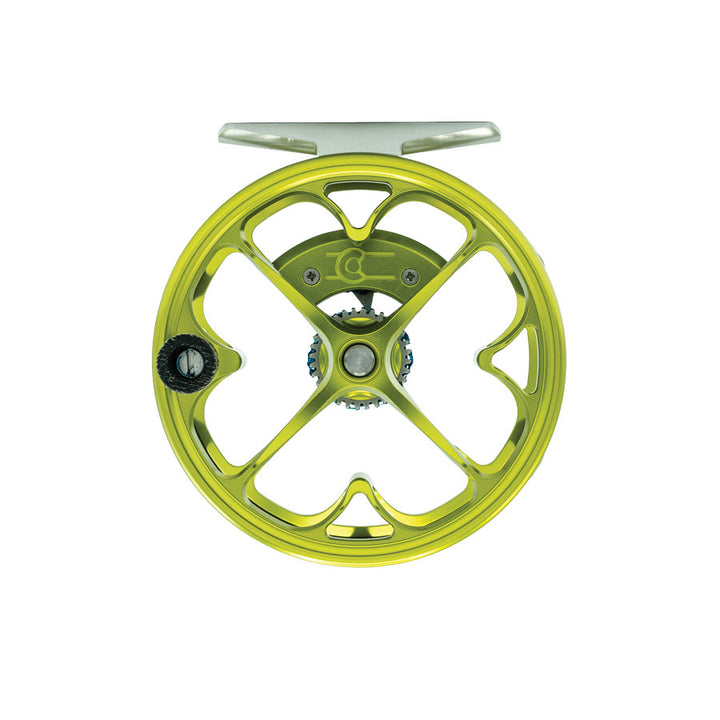 Ross Colorado fly reel back view showing chartreuse anodized aluminum body, four-spoke design, and blue gear drag mechanism