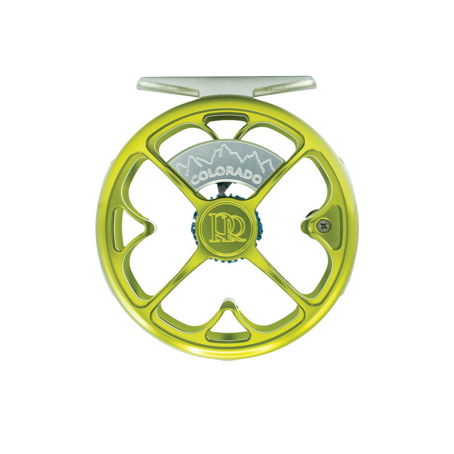 Ross Colorado fly reel front view with silver mountain range plate engraved &