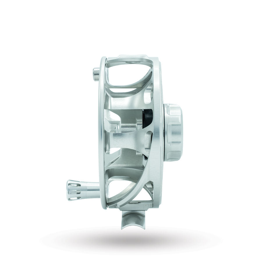 Side profile of Ross Coors Light Cimarron LT fly reel highlighting machined aluminum body